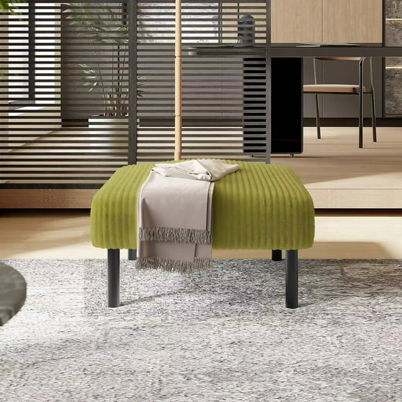 Dtwnek Soft Padded Seat Ottoman with Wood Legs, Corduroy Fabric Square Footstool for Living Room, Office, Bedroom, Olive Green