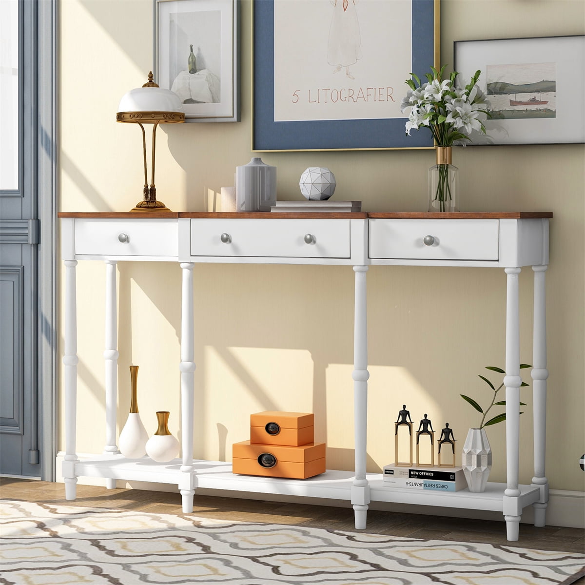 Dtwnek Solid Wood Console Desk Entryway Table with Storage Shelf and ...