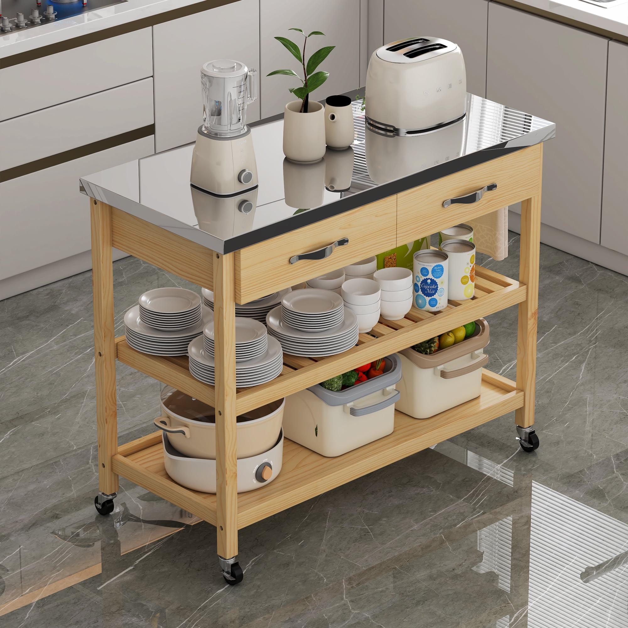 Dtwnek Stainless Steel Countertop Kitchen Cart with Storage Drawers and