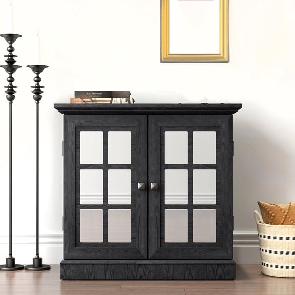 Dtwnek Storage Cabinet with 2 Mirrored Acrylic Doors and Shelves, Sideboard for Living Room, Dinning Room, Kitchen, Black