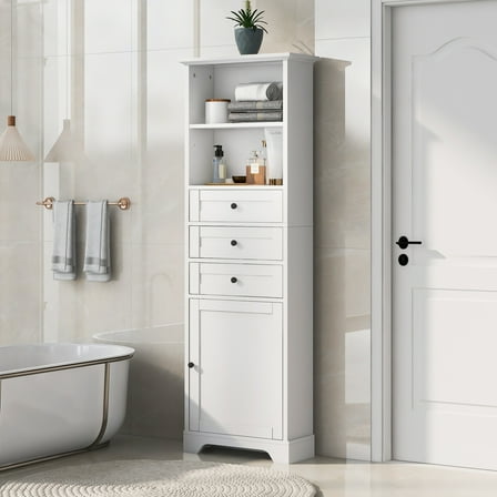 Dtwnek Wood Tall Storage Cabinet with 3 Drawers and Shelves, Perfect for Bathroom, Living Room, Office, White