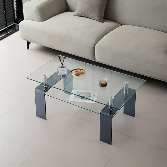 Dtwnek Tempered Glass Coffee Table Tea Table 2 Tier Storage Center Table for Living Room, Office, Gray