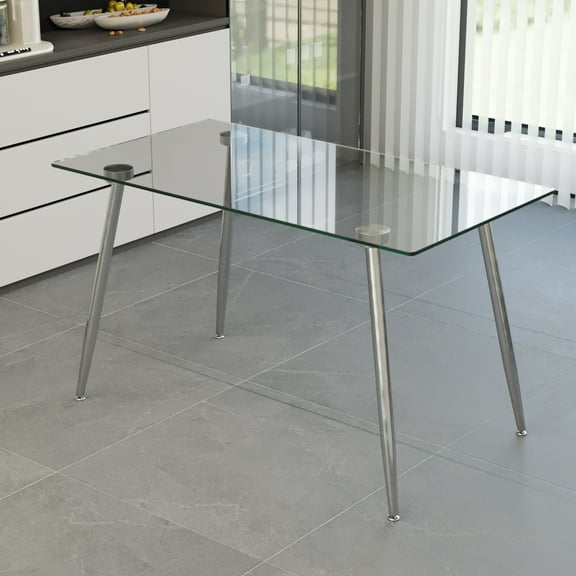Dtwnek Tempered Glass Tabletop Dining Table with Sliver Metal Legs, Modern Rectangular Kitchen Table for Home, Dining Room
