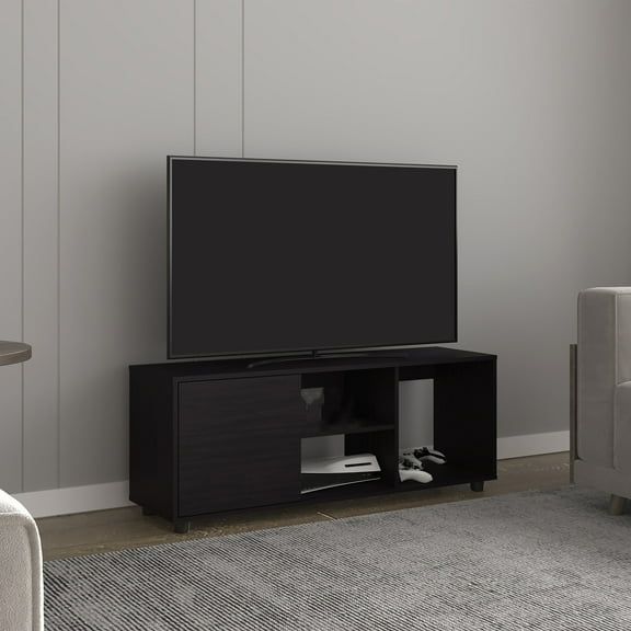 Dtwnek Tv Stand for TVs up to 60", Media Entertainment Center with 4 Open Shelf and Cable Management, Single Door TV Cabinet for Living Room, Black