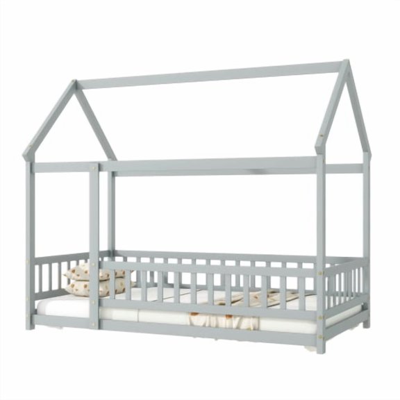 Dtwnek Twin Size House Floor Wood Bed Frame with Guardrails, Gray