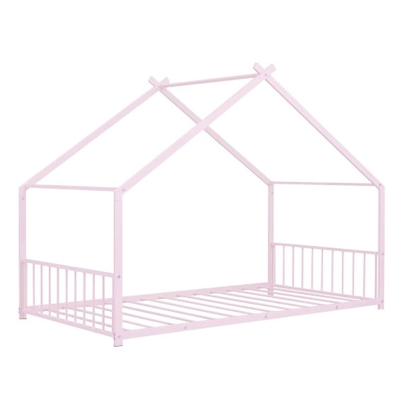 Dtwnek Twin Size Metal House Bed for Living Room, Bedroom, Pink