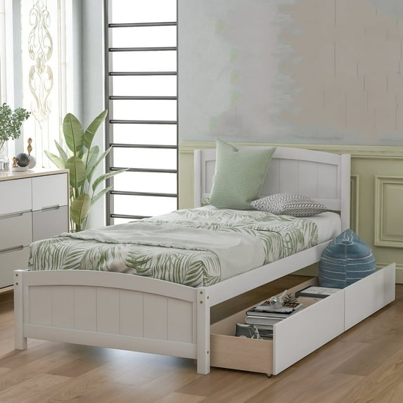 Dtwnek Twin Size Platform Bed with 2 Drawers, White