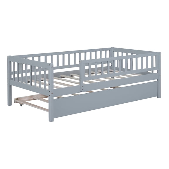 Dtwnek Twin Size Wood Daybed with Trundle and Fence Guardrails for Home Living Room, Gray
