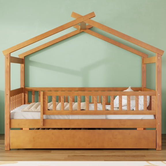 Dtwnek Twin Size Wooden House Bed with Twin Size Trundle, Brown
