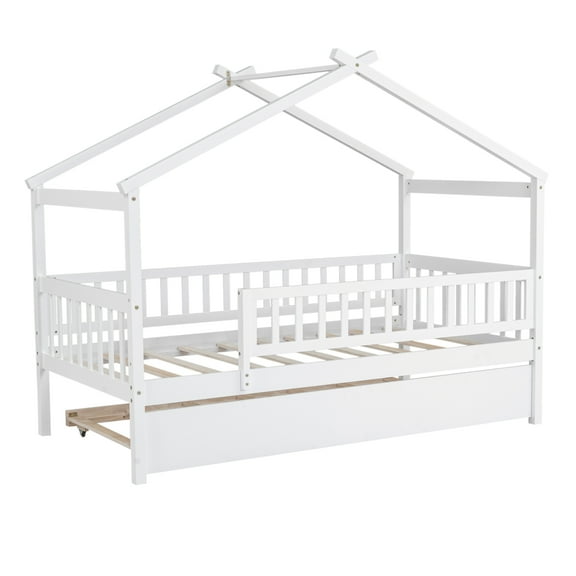 Dtwnek Twin Size Wooden House Bed with Twin Size Trundle, White