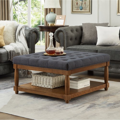Dtwnek Upholstered Linen Ottoman Coffee Table with Shelf, Square Footrest for Living Room, Bedroom, Dark Gray