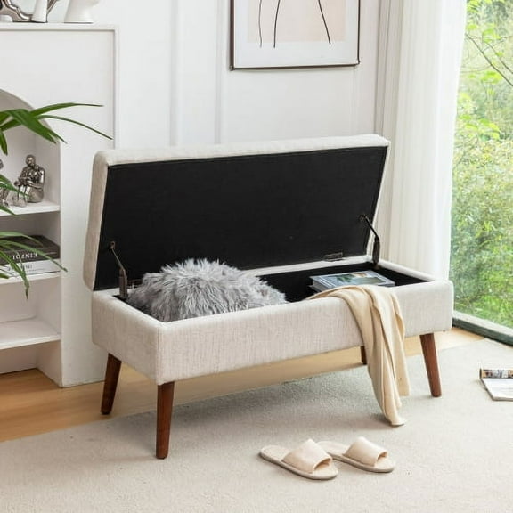 Dtwnek Upholstered Storage Bench with Wood Legs, Linen Storage Ottoman for Living Room, Bedroom, Light Gray