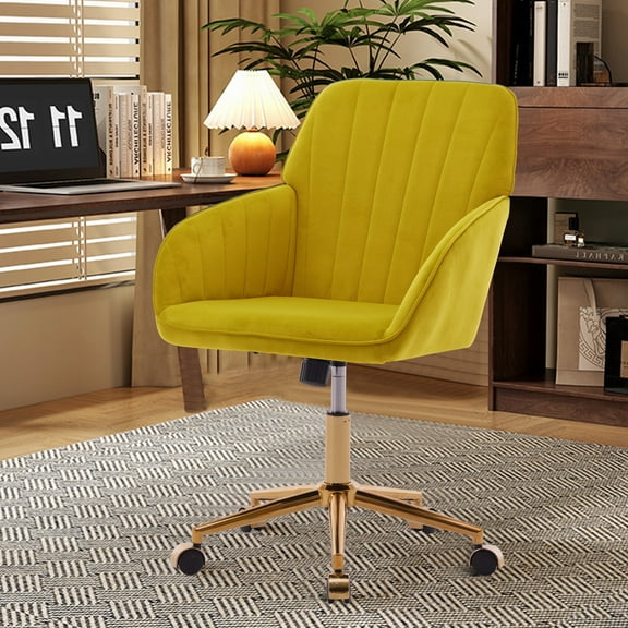Dtwnek Velvet Fabric Adjustable Height Office Chair with Gold Metal Legs and Wheels, 360 Degree Swivel Computer Chair for Living Room, Office, Yellow
