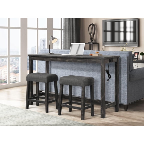 Dtwnek Wood Bar Table with 2 Pack Stools, Counter Height Bar Table Stools for Dining Room, Bar, Living Room, Dark Gray