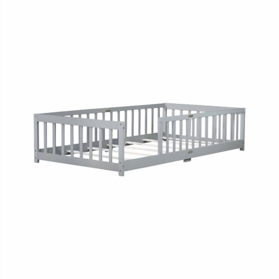 Dtwnek Wood Floor Bed with Fence, Twin Size Floor Bed for Living Room, Bedroom, Gray