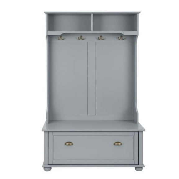 Dtwnek Wood Hall Tree with Open Shelves and Shoe Cabinets and Storage Bench, Gray