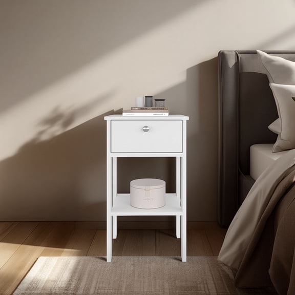 Dtwnek Wood Nightstand with 1 Drawer and 1 Open Shelf, Modern Bedside Table for Living Room, Bedroom, White