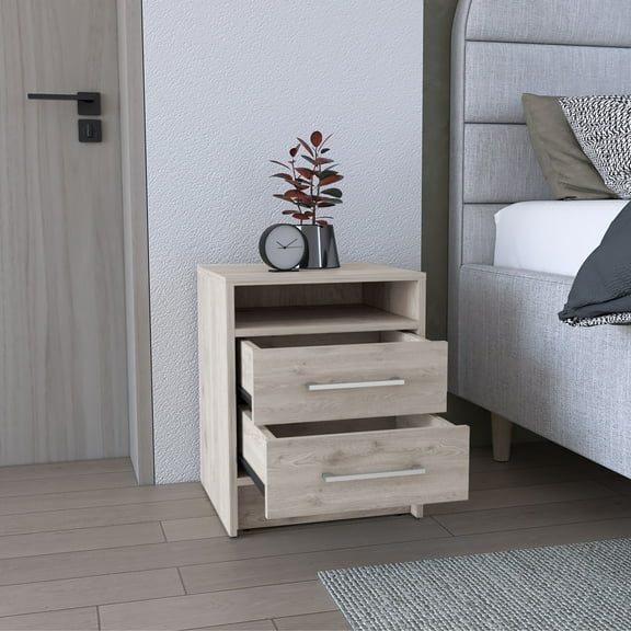 Dtwnek Wood Nightstand with Metal Handle and Open Shelf, 2 Drawers Beside for Living Room, Office, Bedroom, Light Gray