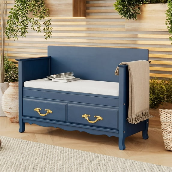 Dtwnek Wood Shoes Storage Bench with Removable Cushion, Entryway Bench for Entrance, Living Room, Bedroom, Navy Blue