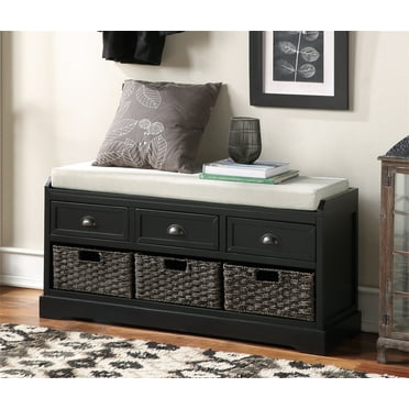 Dtwnek Wood Storage Bench with 3 Drawers and 3 Baskets, Black
