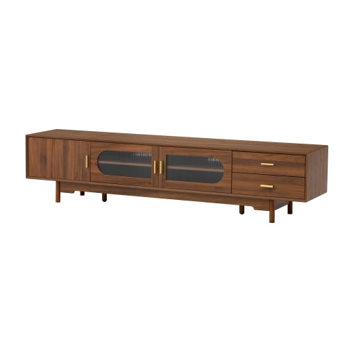 Dtwnek Wood TV Cabinet for TVs Up to 85", Entertainment Center with Glass Doors and 2 Drawers, TV Stand with Cable Management