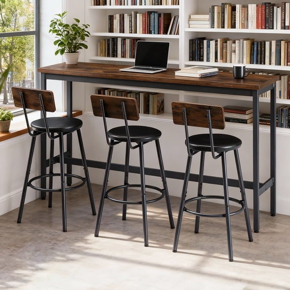 Dtwnek Wood Tabletop Bar Table with 3 Pack Upholstered Stools Set, Rectangle Dining Table Stools Set for Kitchen, Dining Room, Living Room, Bar, Cafe, Brown