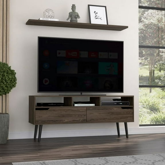 Dtwnek Wood Tv Stand for TVs up 51", Media Entertainment Center with 3 Open Shelf, TV Cabinet for Living Room, Dark Brown