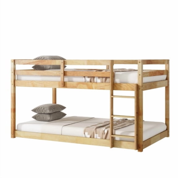 Dtwnek Wood Twin over Twin Floor Bunk Bed with Ladder, Bunk Bed Fame with Strengthened Slats, Brown