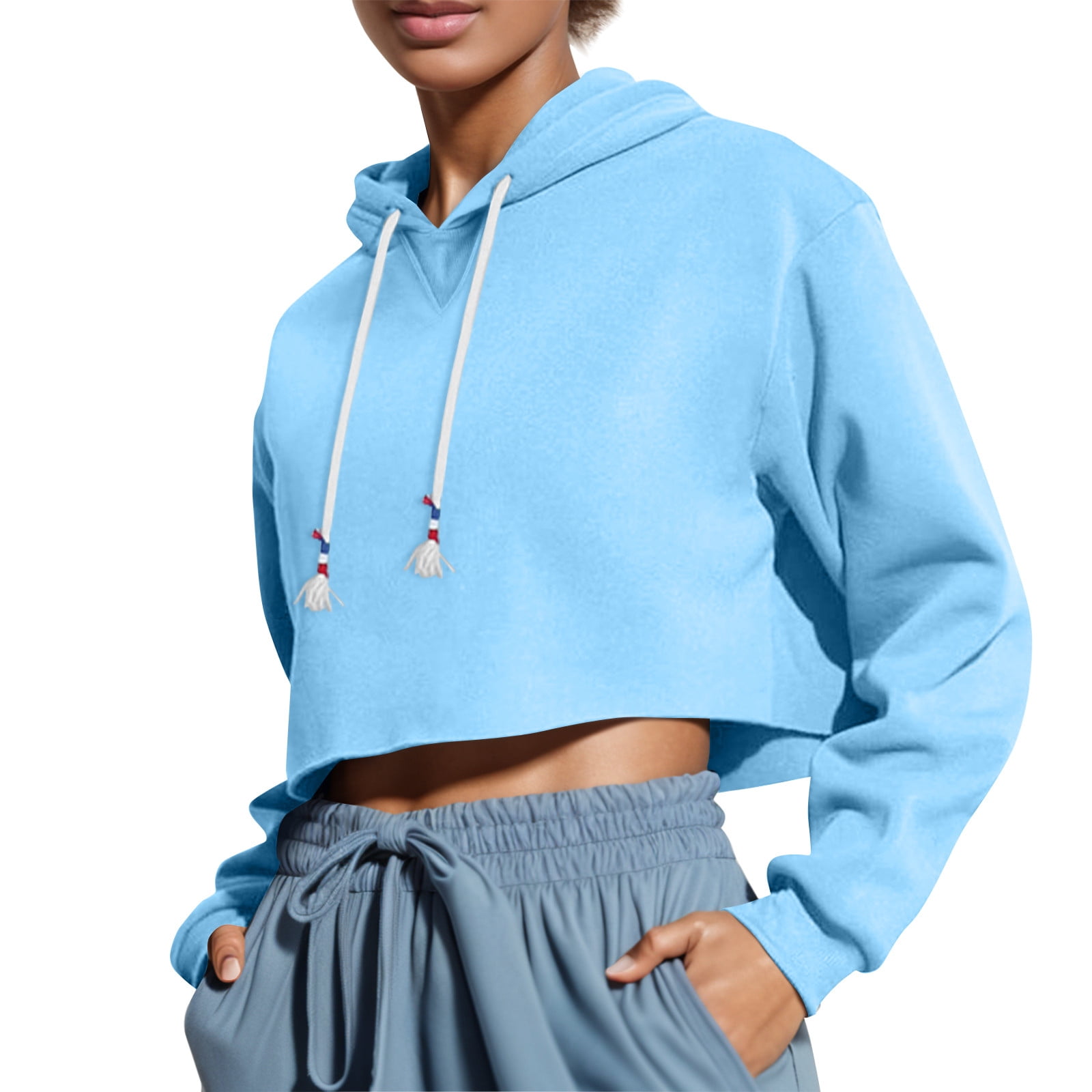 Dtxabr Women s Drawstring Cropped Hoodie Casual Hoodies for Women Workout Crop Tops Sweatshirt Long Sleeve Crop Top Sky Blue M Walmart