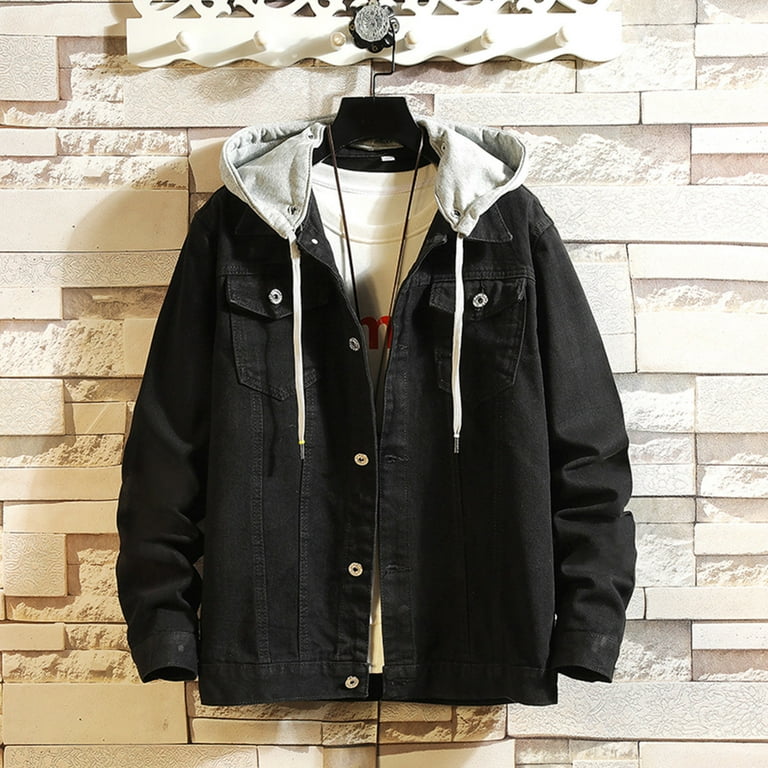 Black denim jacket with white hoodie sales