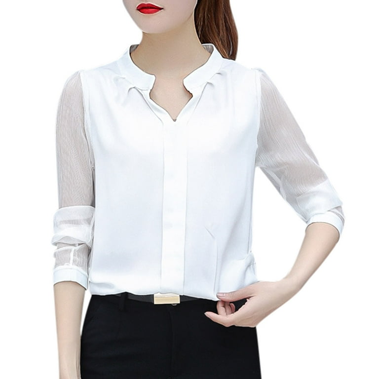 Dtydtpe 2024 Clearance Sales, Long Sleeve Shirts for Women, Fashion Women  Solid Long Sleeve Chiffon V Neck Work Shirt Top Blouse Womens Tops White