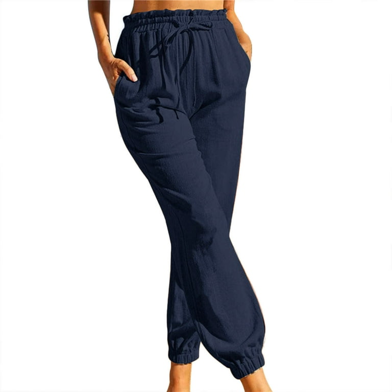 Dtydtpe 2024 Clearance Sales, Pants for Women, Womens Casual Elastic Waist  Solid Comfy Casual Cotton Linen Pants with Pockets Cargo Pants Women Navy  Blue 