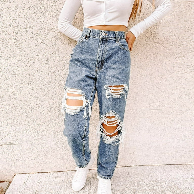 Dtydtpe 2024 Clearance Sales, Wide Leg Pants for Women, Women High Waisted  Baggy Ripped Jeans Fashion Large Denim Pocket Elastic Jeans Cargo Pants