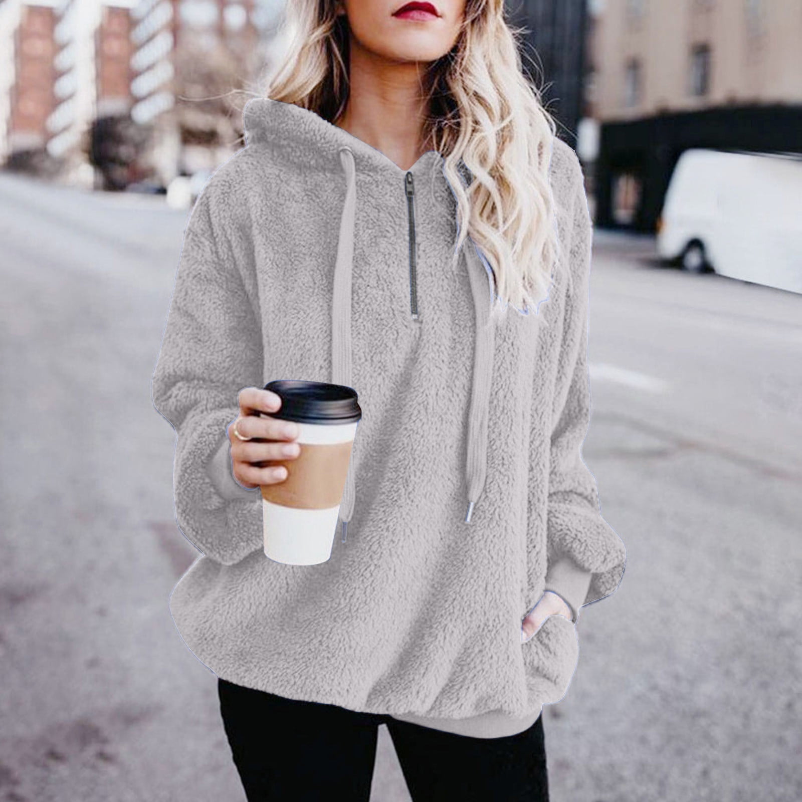 Dtydtpe Clearance Jackets for Women Hoodies for Women Women s Artificial Wool Long Sleeve Casual Solid Color Zipper Pullover Sweatshirt Loose Bunny