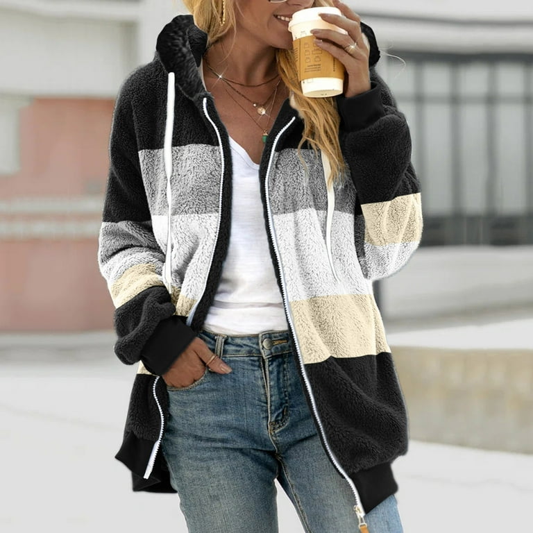 Dtydtpe Clearance Sales Jackets for Women Jacket Women Women s Plus Size Casual Color Block Sweatshirt Zipper Hoodie Loose Blouse Warm Coat Winter Coats for Women Walmart