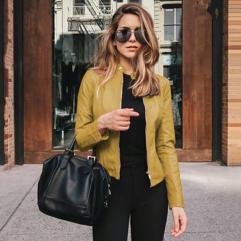 Mustard yellow top leather jacket womens