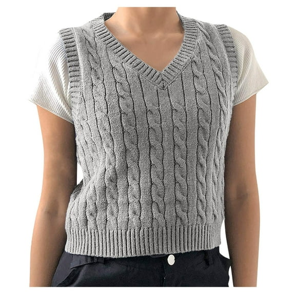 Dtydtpe Clearance Sales, Vests for Women, Women's Knitted V-Neck Vest Sleeveless Top Pullover Uniform Cropped Sweater Sleeveless Sweaters for Women, Grey