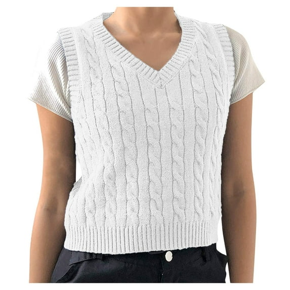 Dtydtpe Clearance Sales, Vests for Women, Women's Knitted V-Neck Vest Sleeveless Top Pullover Uniform Cropped Sweater Sleeveless Sweaters for Women, White