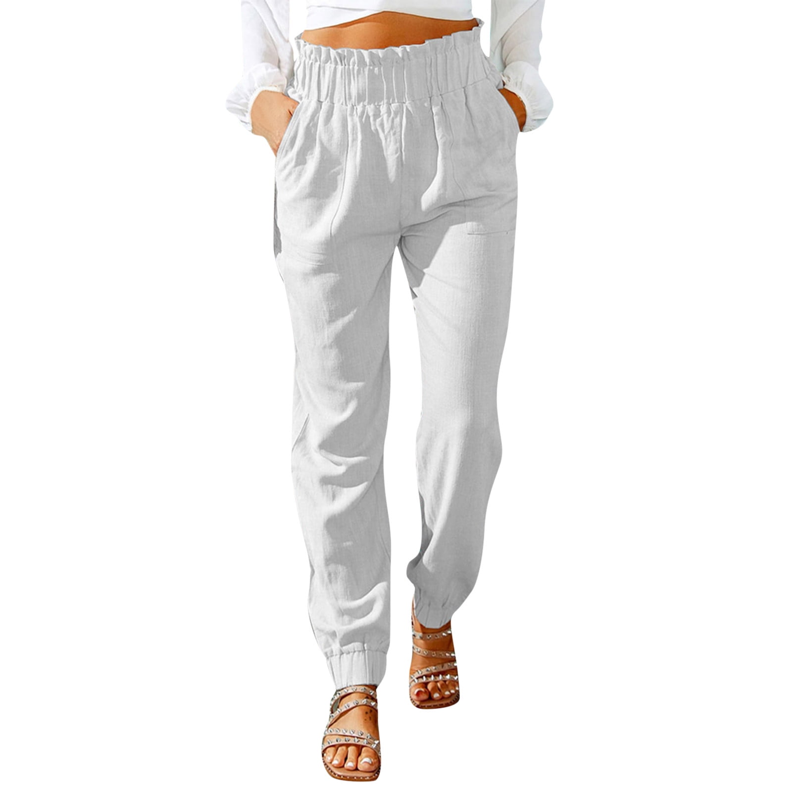 Dtydtpe Clearance Sales, Wide Leg Pants for Women White Linen Pants for  Women Tightness Trousers Pocket Casual Plus Size High Waist Pants Cargo  Pants