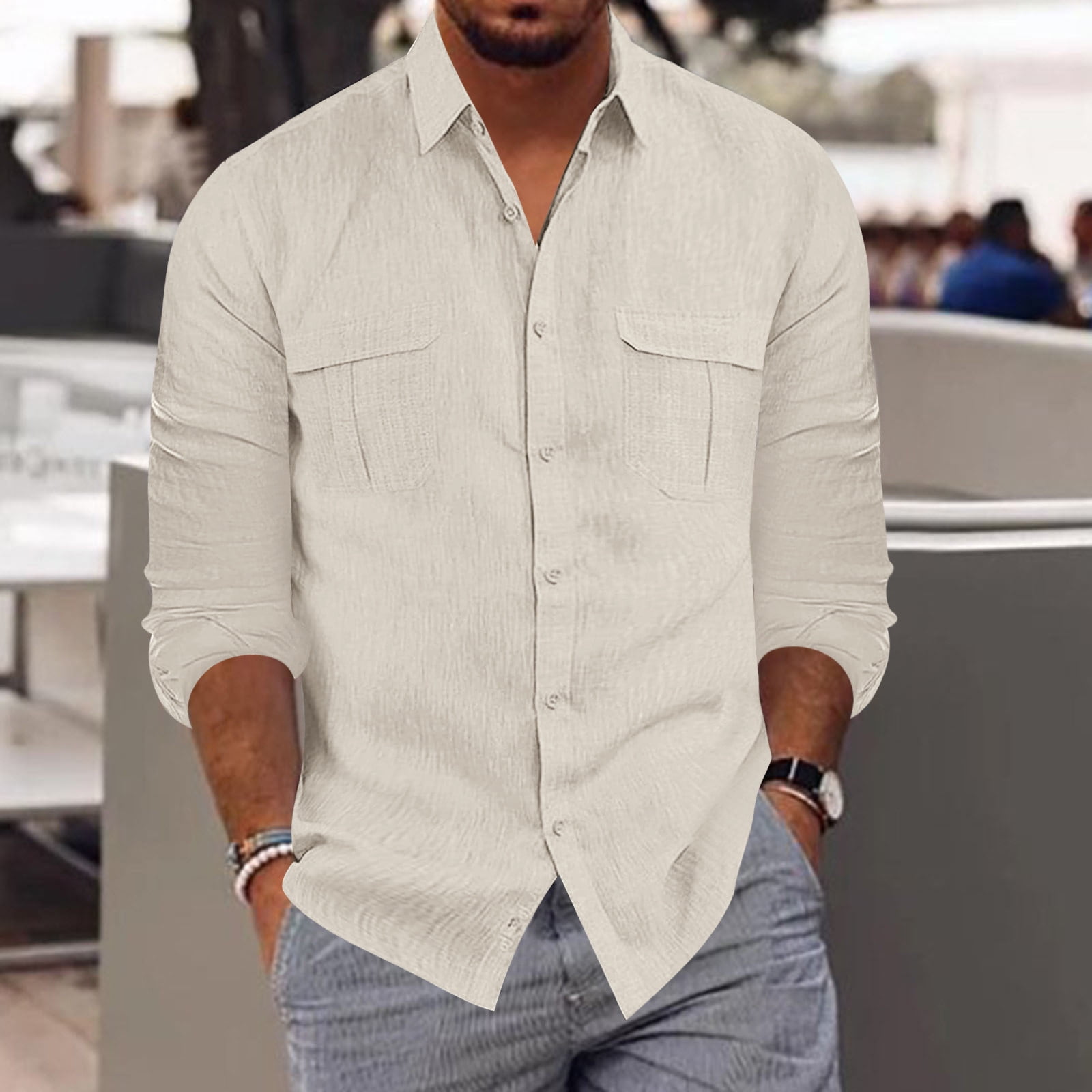 Dtydtpe Flannel Shirt for Men, Men S Fashion Casual Button Lapel Cotton  Solid Color Pocket Long Sleeve Shirt Top Mens Shirts White