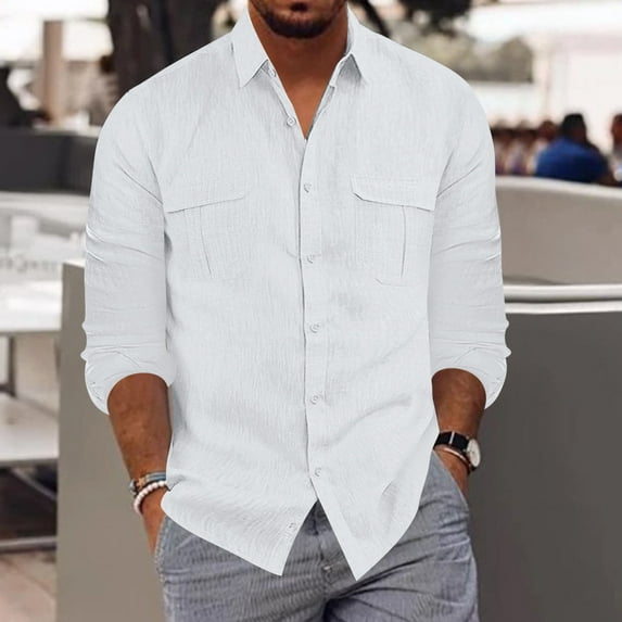 Dtydtpe Flannel Shirt for Men, Men S Fashion Casual Button Lapel Cotton Solid Color Pocket Long Sleeve Shirt Top Mens Shirts White