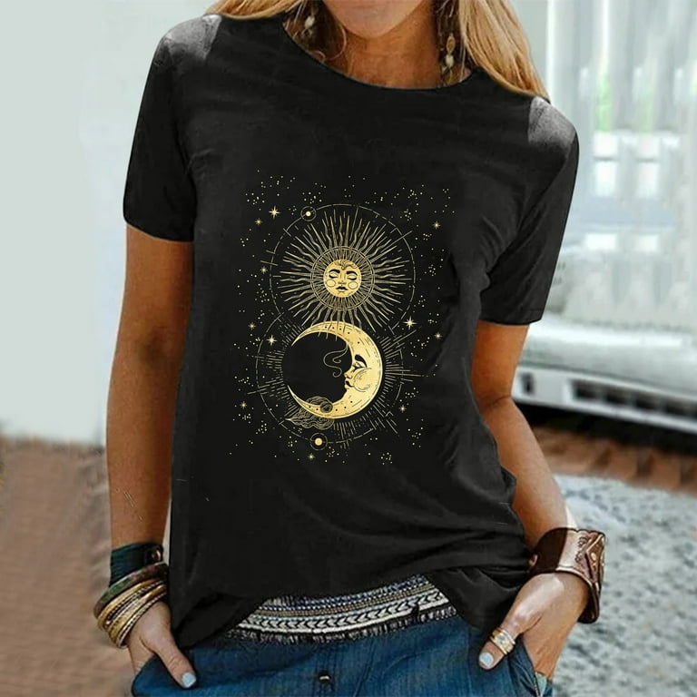 Dtydtpe Graphic Tees for Women, Women Sun Moon Star Print T-Shirt Blouse  O-Neck Short Sleeve Tops T-Shirt Womens Tops Black 