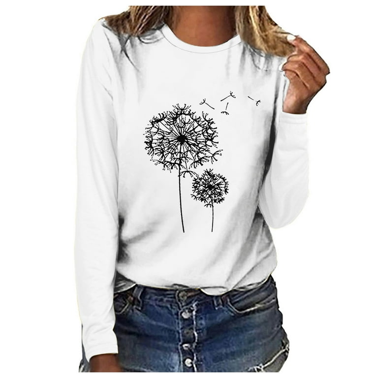 Dtydtpe Graphic Tees for Women, Women's Print O Neck T-Shirt Long Sleeve  Casual Blouse Top Womens Tops White 