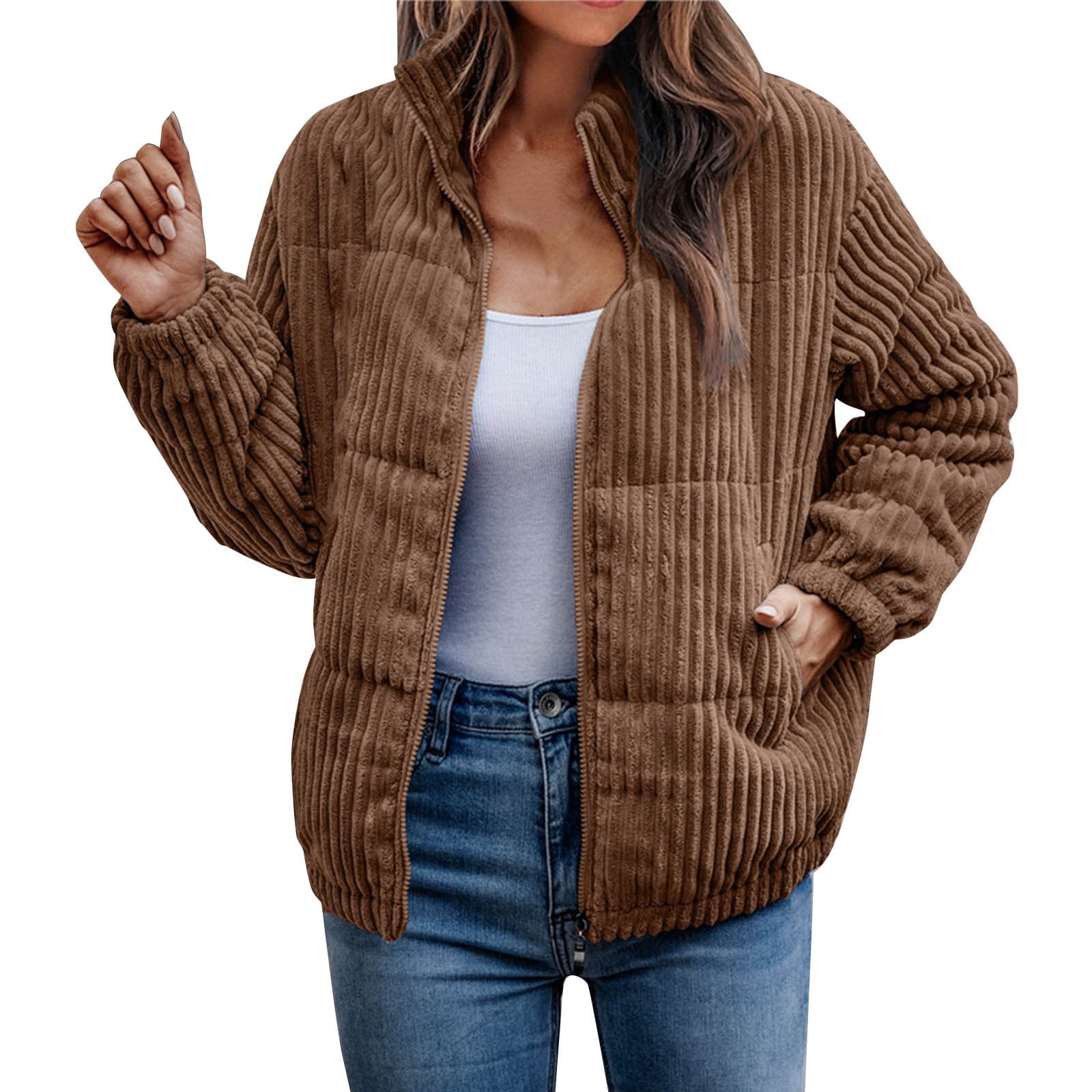 Dtydtpe Women s Jacket Corduroy Ribbed Quilted Zip Up Long Sleeve Winter Coat Fall Outerwear Tops with Pockets Brown M Walmart