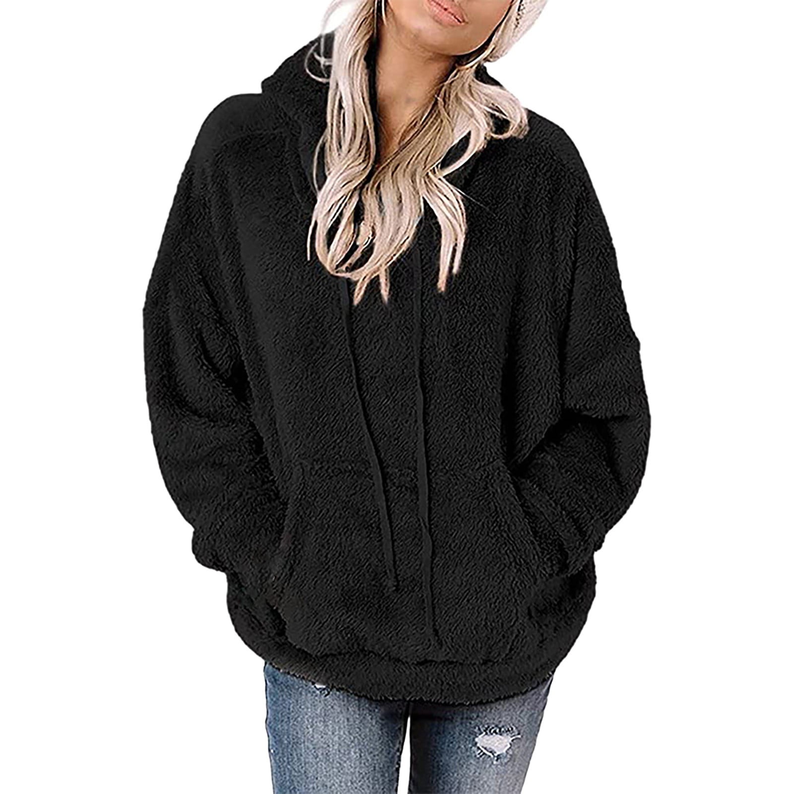 Dtydtpe Women s Long Sleeve Sherpa Pullover Fuzzy Sweatshirt