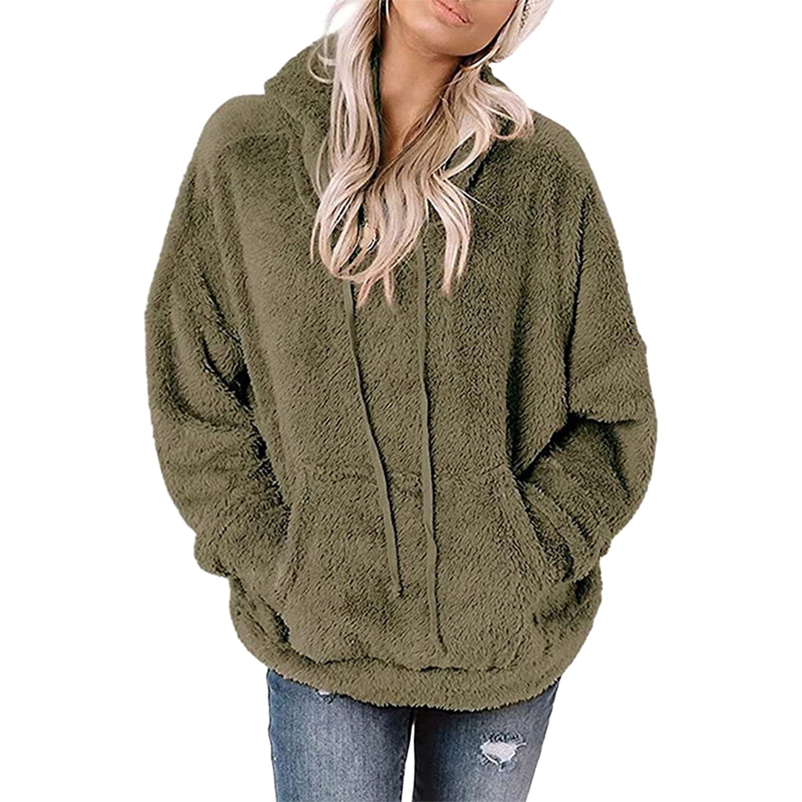 Dtydtpe Women's Long Sleeve Sherpa Pullover Fuzzy Sweatshirt Casual Loose  Fuzzy Hoodies with Pockets Green M