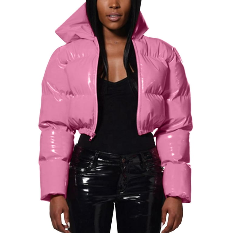 Dtydtpe Women's Winter Coats Cropped Puffer Jacket Long Sleeve Zip hooded  Pockets Baggy Short Warm Down Pink S