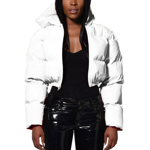Dtydtpe Women's Winter Coats Cropped Puffer Jacket Long Sleeve Zip hooded Pockets Baggy Short Warm Down White XL