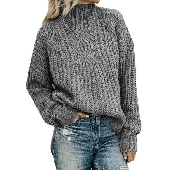 Dtydtpe Womens Sweaters, Christmas Sweaters for Women 2023, Women's Fall and Winter Turtleneck Solid Color Knit Closing Sleeve Suitable for Daily Commute Wear Casual Lohas Time Pullover Sweater Gray