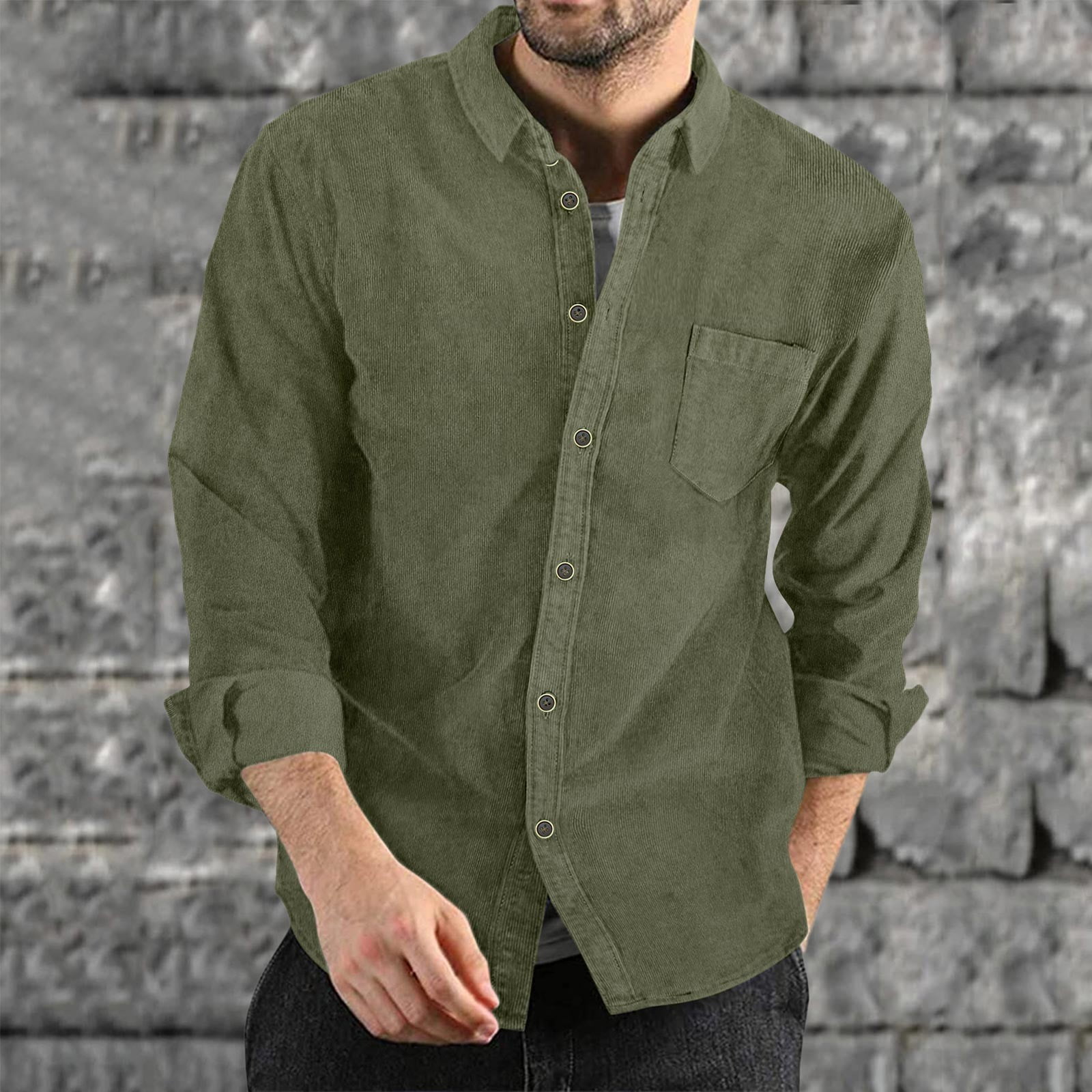 Dtydtpe flannel shirt for men Mens Autumn Winter Corduroy Shirts Casual Long Sleeves Solid Color Buttoned Lightweight Shirts mens shirts Army Green Walmart